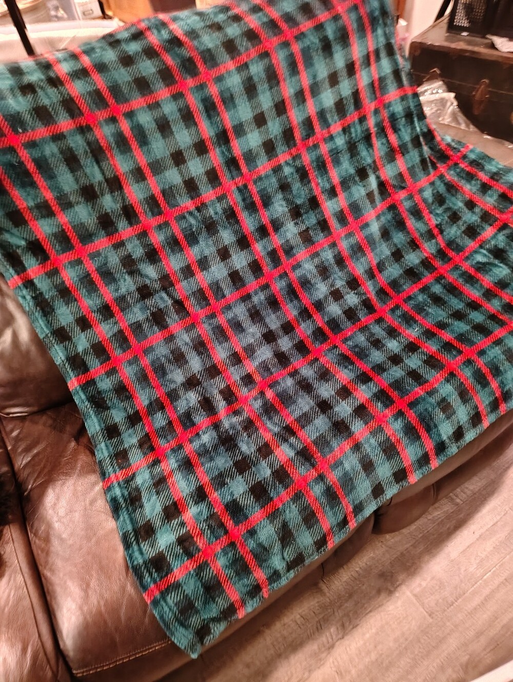 Cozy Teal & Black Buffalo Plaid Throw Blanket with Red Stripes - Plush Fleece